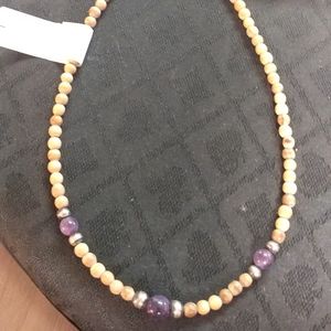 Handcrafted Wood & Amethsyt & Silver Beaded Necklace